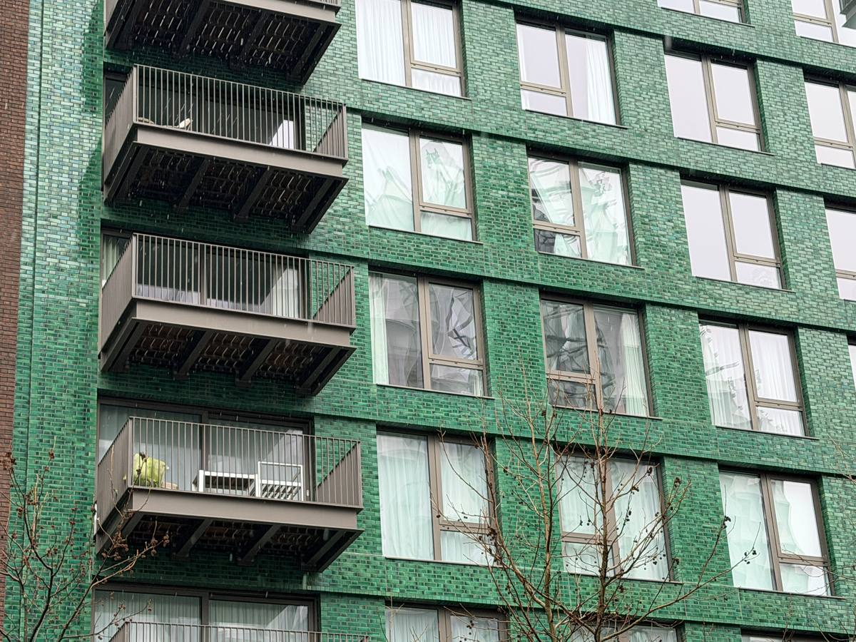 Close view of green glazed brick and balconies